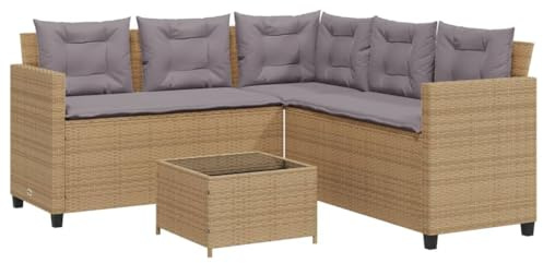 vidaXL Trädgårdssoffa med bord och dynor L-formad beige konstrotting