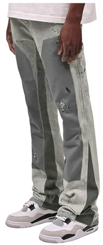 Foweknow - Jeans da uomo patchwork, slim fit, in denim, Y2K, alla moda, con effetto washed, per il tempo libero, pantaloni casual da uomo, stampati, semplici, versatili, grigio chiaro, L