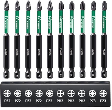 Pronese 10 pcs 90 mm PZ2 & PH2 & PZ3 Magnetic Impact Driver Bits, Long S2 Steel Magnetic Drill Bits