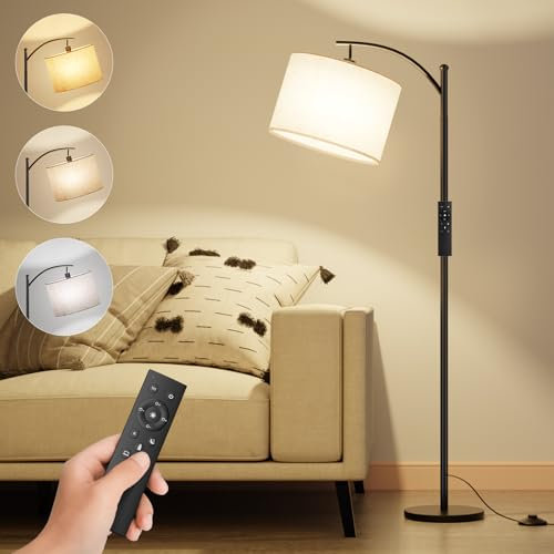 Yeeklab Arc Floor Lamps for Living Room with Remote Control, Dimmable Modern Reading Standing Lamp with Timer, Black Standard Lamps with LED Bulb for Bedroom Office