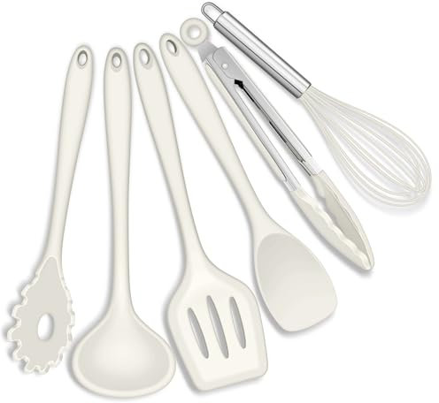 Joyfair Juego de 6 utensilios de cocina, utensilios de cocina de silicona, color blanco, antiadherente, juego de cocina para cocinar y hornear, resistente al calor y calidad alimentaria, apto para