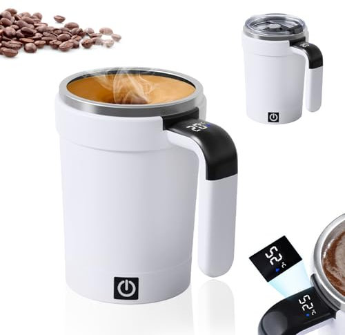 Vaso mezclador eléctrico automático, 380 ml, taza con indicador de temperatura LED, portátil y con tapa, acero inoxidable apto para alimentos, adecuado para café, batido, proteína en polvo (blanco)