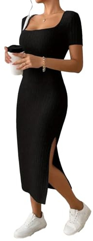 Havejoy Robe Mi Longue Femme Moulante Col Carré Manches Courtes, Décontracté Midi Bodycon Robe Tricot Côtelée avec endue sur Le Côté pour Cocktail Soirée Plage