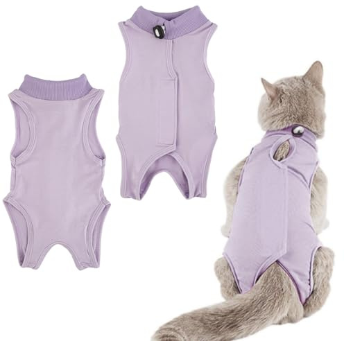 Cat Recovery Suit,Post Surgery Onesie for Kitten,Breathable Soft Anti Licking Cat Bodysuit,Spay Surgical Recovery Clothes for Abdominal Wounds Skin Diseases,Elizabethan Collar Alternative (Purple, M)