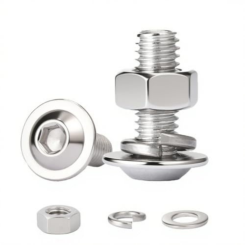 HAISHANG 10 Piezas M5x12mm Juegos de Tornillos con Hexágono Interior de Cabeza Plana, Tornillos de Máquina con Brida de Acero Inoxidable con Tuercas Hexagonales y Arandelas Elásticas