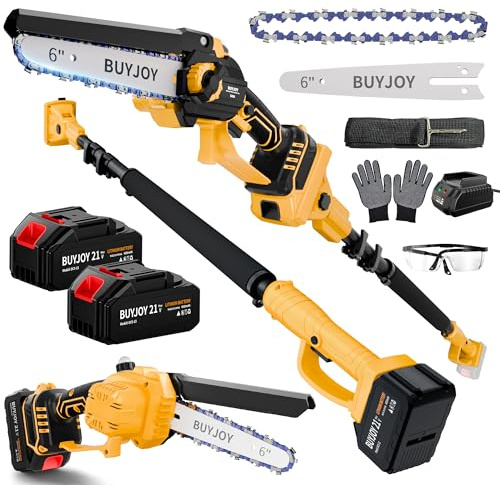 2-in-1 Electric Pole Saws for Tree Trimming, 6 Inch Mini Chainsaw Cordless with Extension Pole, 2 x 4000mAh Batteries,Battery Powered Pole Chain Saw, Tree Trimmer Limb Branch Cutter Pruner (Yellow)