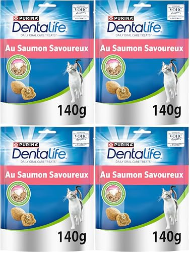 DENTALIFE |Daily Oral Care |Friandises | pour Chat Adulte | Aide à Nettoyer Les Dents efficacement | Au Saumon | Sachet | 140g (Lot de 4)