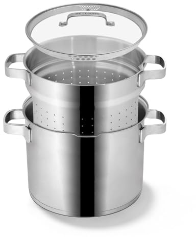 Be Living 3-teiliges Pastatopf - Ø 24 cm (7,5 L), Kochtopf Groß, Edelstahl Nudeltopf mit Sieb, Induktion Spaghettitopf mit Glasdeckel, Vita Serie