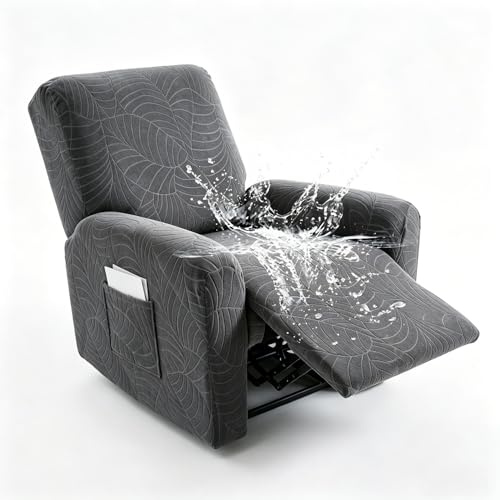 Hearda Recliner Chair Cover 1 Seater, 4 Pieces Splash-proof Recliner Sofa Covers Leaf Pattern, Recliner Slipcover for Electric Chair with Pockets,S tretch Non-Slip Armchair Covers - Dark Grey