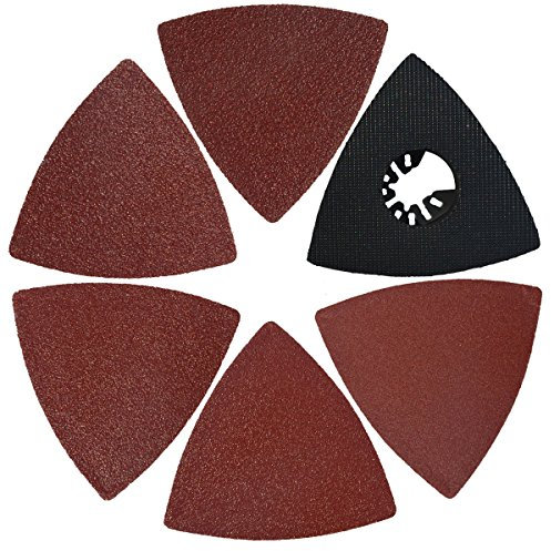 XXGO 51 Pcs Triangular 3-1/8 Inch Hook & Loop 60/80/100/120/240 Grits Oscillating Multi Tool Abrasive Sandpaper and Triangle Multitool Sanding Pads Kits XG5106U