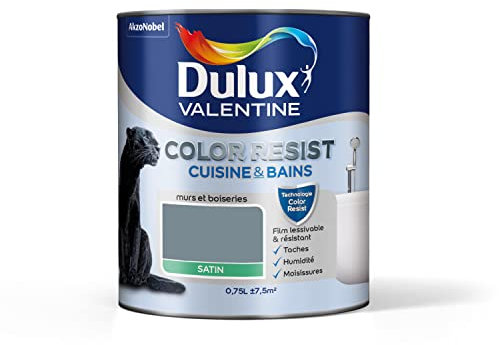 Dulux Valentine Color Resist - Peinture Intérieure Pièces Humides - Pour Murs, Plafonds, Boiseries - Lessivable et Résistante - Couleur : Bleu Gris Satin - 0,75 L - 5262093