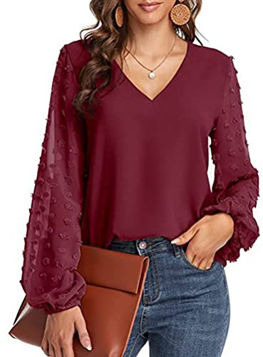 ORANDESIGNE Blusa Donna Elegante Curvy Chiffon Manica Lunga Maglietta Maglia Trasparente Scollo a V Cerimonia Camicia da Ufficio Sexy Tinta Unita Casual Particolari Camicette a Rosso XS