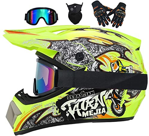 Fullface Helm MTB, Motocross Helm Kinder, Helm Set Herren ATV Motorradhelm MX Enduro, ABS-Schale, MTB Helm Fullface Kinder, Motorradhelm Motorrad Downhill Helm, Mit Handschuhe Maske Brille