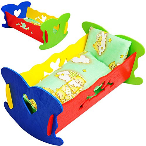 alles-meine.de GmbH Set: Puppenwiege/Puppenbett - mit Bettzeug - Herzen - Jungen Farben - buntes Naturholz - für Puppen - Decke & Kopfkissen - Holz Wiege Kinderbett Bett Ba..