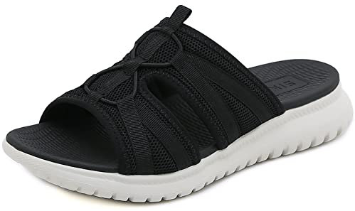 Acfoda Orthopädische Pantoletten Damen mit Weiches Fußbett Slip On Sandalen Bequem Sommer Schuhe Frauen Leichte Offene Hausschuhe Flach Schlappen Latschen Outdoor Mesh Slipper Hinten Offen Schwarz 37