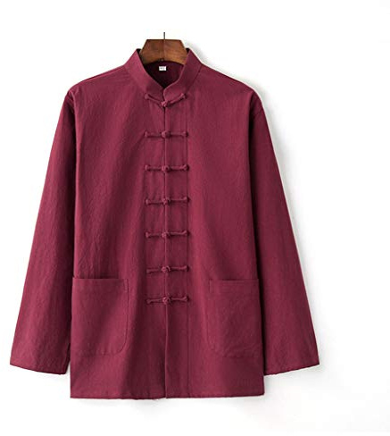 ZHOUXIAO Giacca di Arti Marziali in Lino di Cotone Uomo Kung Fu Uniformi Camicia a Maniche Lunghe, Abito a Coda Vestiti Cinesi Tradizionali, Vestiti di Tai Chiti di Red-L