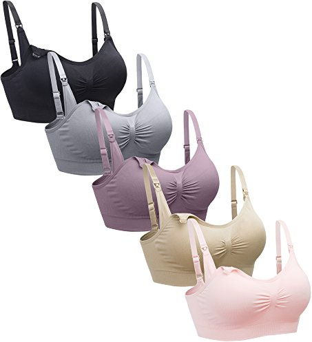 Suekaphin Amnings-BH 5-pack trådlös djup V-hals moderskap amnings-bh bralette sovande amning med extra förlängare, Svart/nude/lila/softpink/grå, XL More
