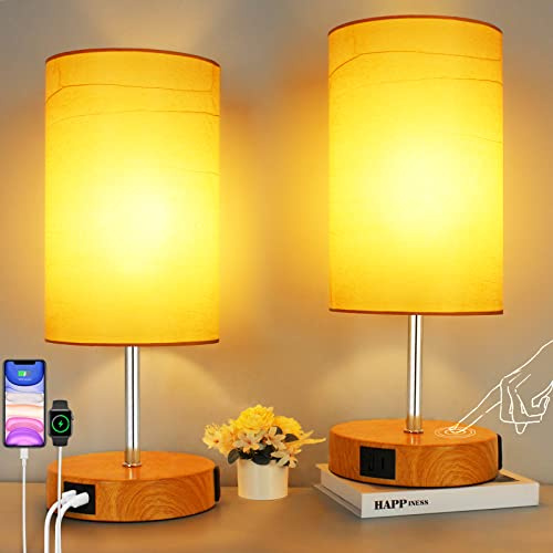 Allesgute 3-stegs justerbar touch-sänglampa med USB typ A+typ-C-portar, E27 LED-bord med trämönster 45 cm Inc. 6 W 600 lm LED-lampa för sovrum