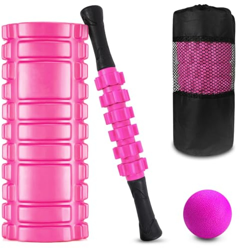 SACONELL 3 in 1 Pink Foam Roller & Massage Stick Set - Deep Tissue Roller Kit with Massage Balls and Stick for Fitness, Yoga, Pilates & Relaxation