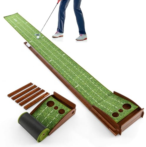 LIFEZEAL Alfombra de Putting, Estera de Entrenamiento de Golf con 3 Pelotas para Interior, Estera de Golf Portátil con Retorno Automático, Casa y Oficina (con 3 Orificios)