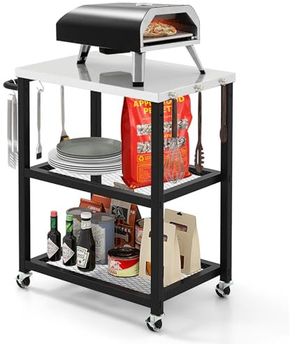 GOPLUS Grillwagen Outdoor, BBQ Grilltisch 3-Etagen mit 4 Rollen & 3 Haken, Servierwagen Edelstahl mit großer Arbeitsfläche, Grilltisch für Hinterhof, Terrasse & Garten, 72,5x41x80 cm