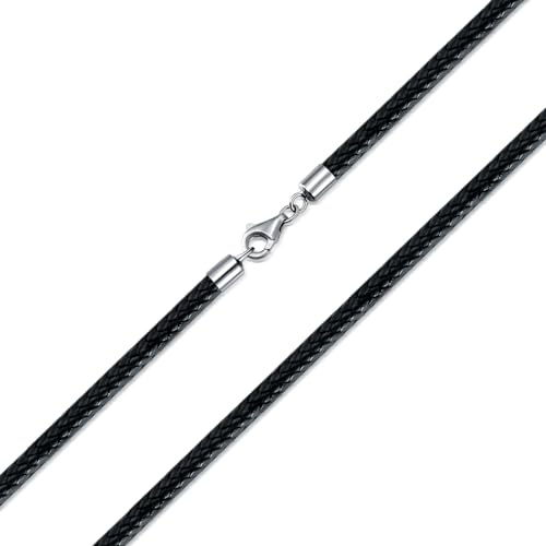 PDTJMTG läderkedja män läder halsband 2/3 mm med en karbinhake i sterlingsilver för kvinnor svart kedja smycken 45–65 cm