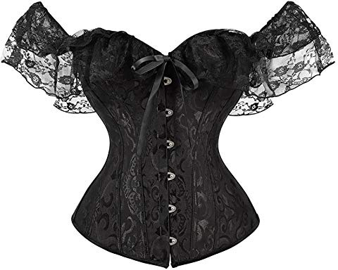 Qianderer Women's Lace Up Boned Overbust Corset Bustier Lingerie Bodyshaper Top Waist Trainer Costume Tops (Ba Black, L)