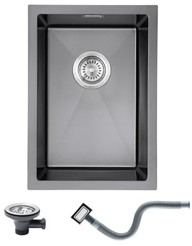 KEOKBON Lavello da cucina piccolo, 35 x 50 cm, in acciaio inox, sottopiano e incasso, con troppopieno, senza tubo di scarico, 1 vasca, nero nano