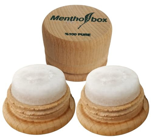 Muvax Mentholbox Mentholstein, Migränestein, Spa Massage, Natürliche Mentholkristalle, hilft bei der Linderung von Migräne und Kopfschmerzen - Runde Holzhalterung mit Schraubverschluss (2x6g)