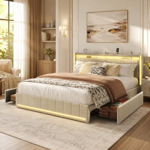 KeepGoon Cama Doble de 160 x 200 cm, tapizada con Luces LED, 4 cajones de Hierro y un Puerto de Carga USB, Estructura de Cama, Tela de Lino (Beige)