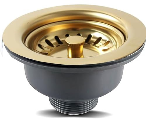 114MM Gold Sink Waste Kit, Stainless Steel and PVC Kitchen Sink Basket Strainer Plug Basket Waste G1½