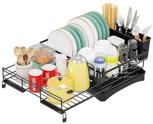 yiyicas Dish Drainer Rack with Drip Tray, Sink Dish Drainer with Drainage Spout, Utensil & Cutting Board Holders for Kitchen Counter Space-Saving, Black
