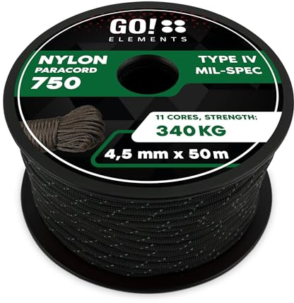 GO!elements Paracord 750 Tipo IV | Corda in Nylon 100% Resistente e Estremamente Stabile | ø 4,5 mm - 11 Nuclei - Max. 340 kg | Corda Multifunzionale e reepsnoer per Sopravvivenza, Campeggio