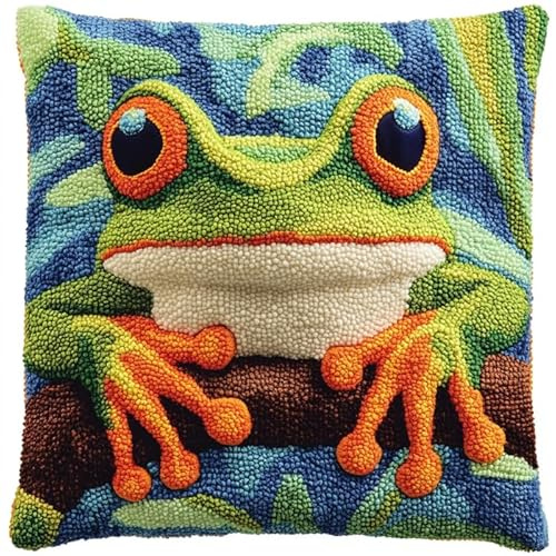 AxiangziK Kit Gancio di Chiusura per Cuscino Fai-da-Te,Rana animale,Artigianato Facile da Imparare per Kit Tappeto con Gancio di Chiusura per Cuscino,43x43cm