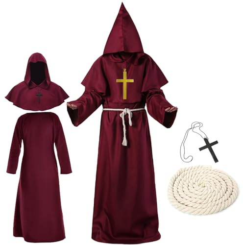 waziwe Disfraz de monje, disfraz de sacerdote para hombre, túnica medieval, monje, disfraz de Halloween, carnaval, disfraz para hombre con capucha y cinturón de cuerda (rojo, L)