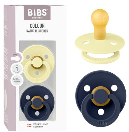 BIBS Colour Soother 2-Pack, BPA Free Dummy Pacifier, Round Nipple. Natural Rubber Latex, Made in Denmark, Size 1 (0-6 Months) - Luna/Deep Space