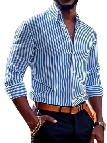 Oanviso Camicia Uomo a Righe Maniche Lunghe Maglietta T-Shirt da Business Slim Fit Nozze Formale Shirts Elegante Costume Party Blusa Smoking Camicetta A Azzurro S