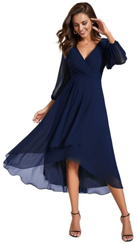 Ever-Pretty Robe Cocktail Femme en Mousseline High Low Manches Longues Soirée Bleu Marine 40
