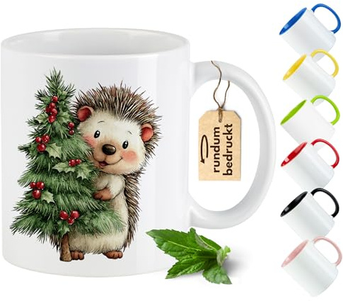 GRAZDesign Weihnachtstasse Igel mit Tannenbaum Motiv Kaffeebecher für Kinder & Erwachsene – Geschenkidee - Rot