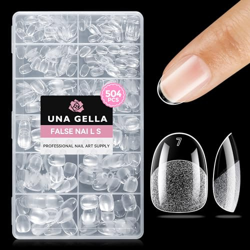 UNA GELLA Extra Short Oval Nail Tips 504PCS Oval Almond False Nails Tips | Pre-shape Half Matte XS Oval Round Almond Press On Nails Full Cover Clear Fake Acrylic Tips 12 Sizes