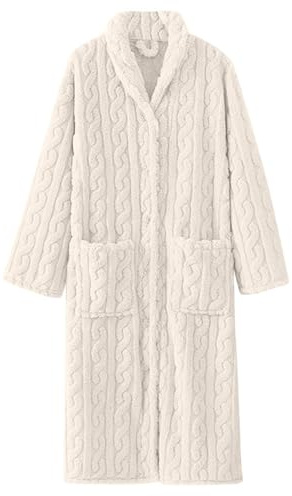UUNBS Bata Larga de Felpa para Mujer,Bata de baño Suave y mullida con Botones,Prenda de Estar por casa cálida y cómoda de Tejido Afelpado,Blanca,M