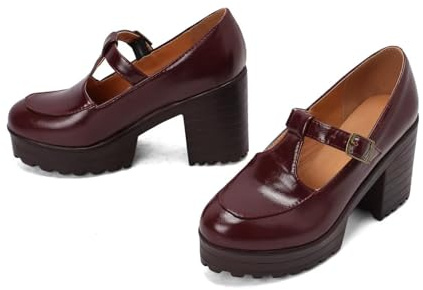 Generico Décolleté Mary Jane Donna con Plateau Tacco Largo Cinturino A T Fibbia in Metallo Punta Tonda Cuciture A Vista Suola Spessa,Rosso,36 EU