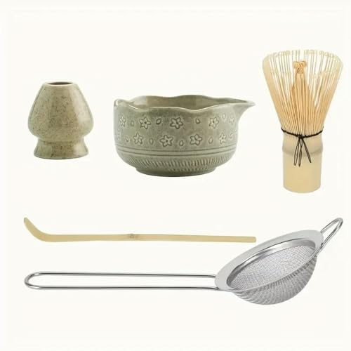 ROCILB Ensemble à Matcha 5 pièces. Cet Ensemble Comprend Un Bol à Matcha, Un Fouet à œufs et Un Support à œufs, Une cuillère et Une passoire.