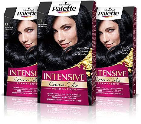 Palette Intensive Creme Color 1-1 Negro Azulado, tinte de pelo permanente que cubre el 100% de las canas y raíces, para un color vibrante y profundo, Pack 3