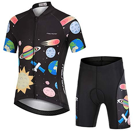 LPATTERN Kinder Radsport Bekleidung- Jungen/Mädchen Fahrrad Trikot-Set(Trikot Kurzarm+Kurz Radhose)/Radtrikot Kurzarm/Kurz Fahrradhose mit Sitzpolster,Weltraum auf Schwarz(Anzug),110/116(Tag:S)