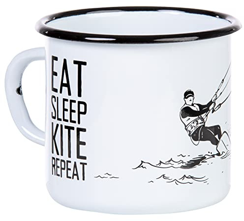 MUGSY Taza esmaltada, 330 ml, diseño de kite surf, color blanco
