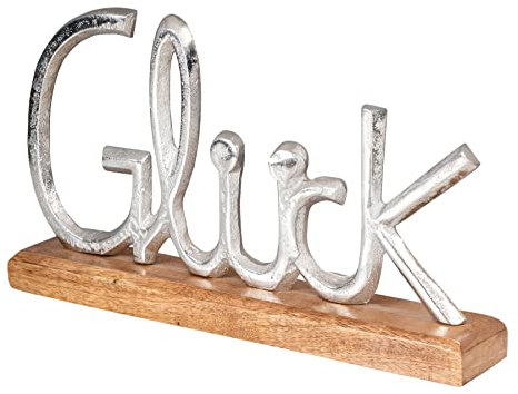 levandeo Schriftzug Glück L29cm Metall Silber Mango Holz Deko Aufsteller Tischdeko Wohndekoration Happy Geschenk