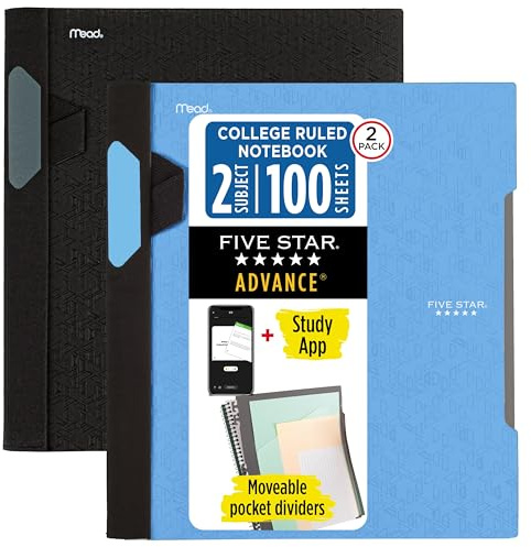 Five Star Advance Spiral Notebooks + Study App, 2 Pack, 1 Subject, College Ruled Paper, 11 x 8-1/2, 100 Sheets, With Spiral Guard and Movable Dividers, Black, Pacific Blue (820112)