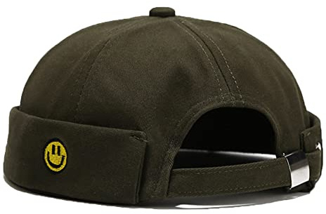 Unisex Docker Cap Hats Skullcap Beanie Worker Sailor Cap Brimless Cap Retro Rolled Cuff Skull Caps with Adjustable (Smiley-Dark Green)