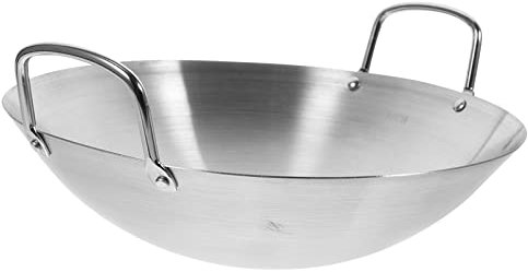 DOITOOL Wok in Acciaio Inox Padelle Wok Tradizionali Cinesi Giapponesi Padella Pentola con Doppio Manico Fondo Tondo Padella Antiaderente Pentole per Cucina Argento 26 Cm